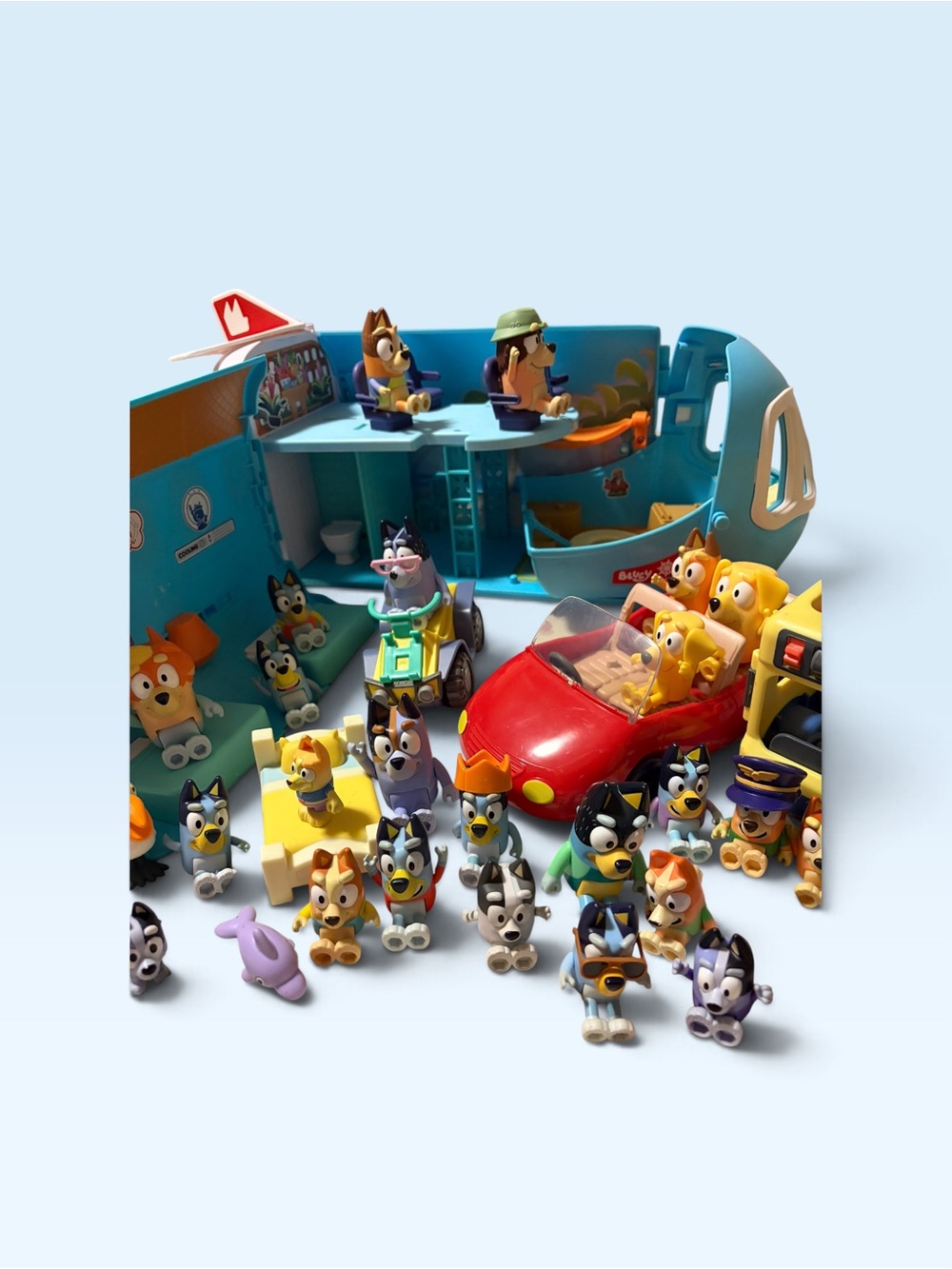 Bluey Playset with 27 Bluey and Friends Figures and Red Car,plane,Bus,Atvs